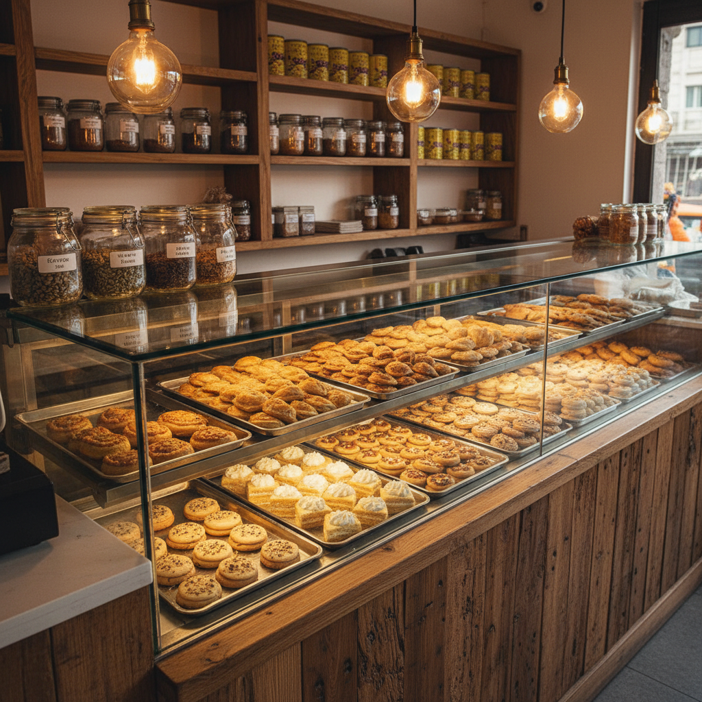 A warmly lit interior scene of a Punjab artisanal bakery counter captured in photographic realism, focusing on a glass display case filled with neatly arranged trays of fresh bakes. Gleaming metal trays showcase golden puff pastry patties, layered cream slices, and delicate butter cookies, each row precise and immaculate. The display case sits on a reclaimed wood base with visible knots and grain, complemented by a backdrop of hand-labelled spice jars and neatly stacked flour tins on open wooden shelves. Warm pendant lights with soft amber bulbs hang overhead, casting a gentle, inviting glow and subtle reflections on the glass. Shot from a slightly elevated angle with moderate depth of field, the composition leads the eye along the length of the case. The atmosphere feels refined, cozy, and thoughtfully curated, celebrating craftsmanship and quality.