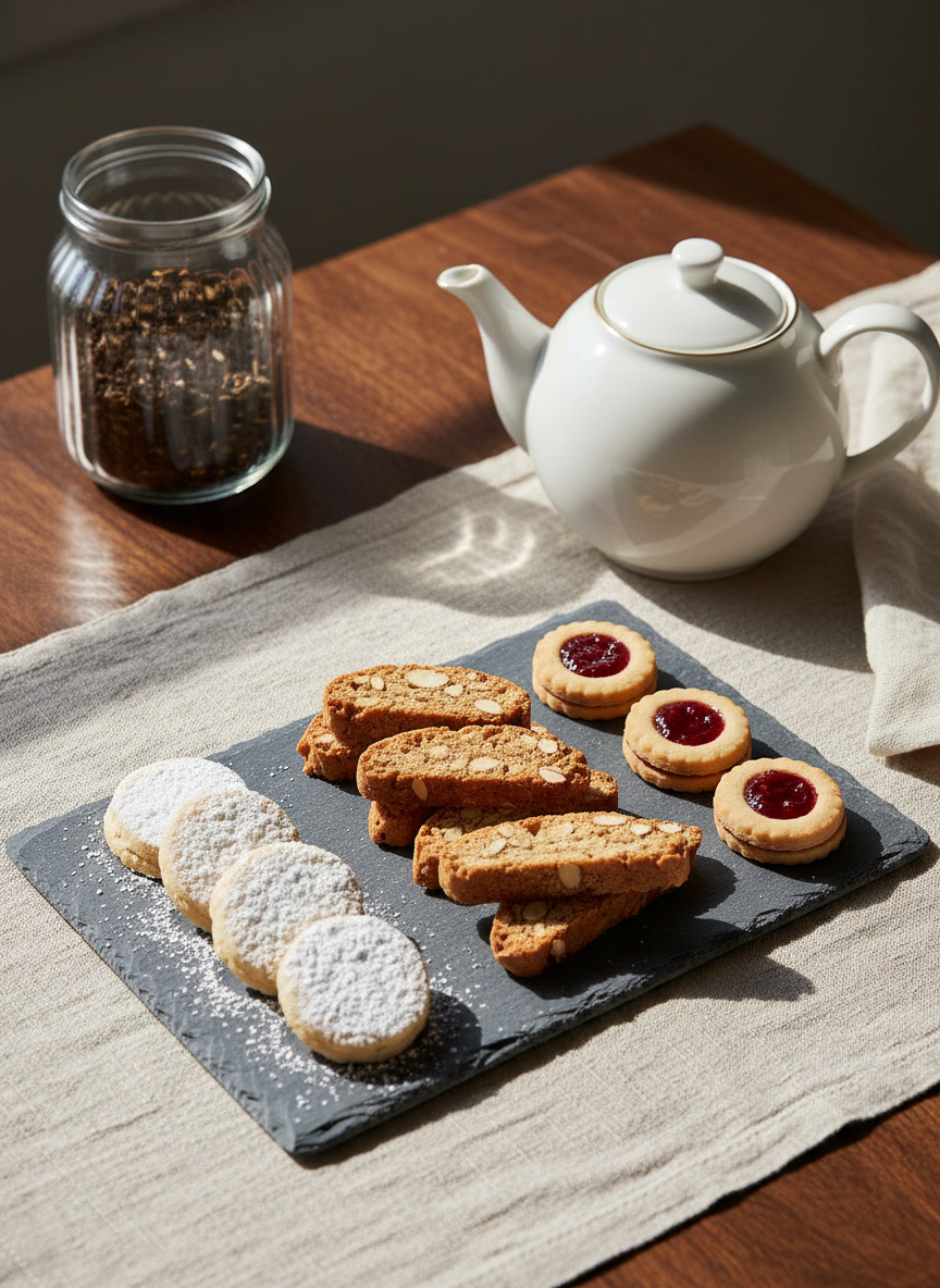 An elegant overhead photographic view of a carefully arranged tea-time spread in an artisanal bakery. A slate-grey stone serving board holds neatly aligned cardamom cookies dusted with fine sugar, almond biscotti with visible nut pieces, and petite jam-filled biscuits. Beside it sits a refined, off-white porcelain teapot with a brushed gold rim, resting on a natural linen runner atop a dark oak table. Soft diffused afternoon light filters in from the side, creating gentle gradients and subtle shadows that emphasize texture without harsh contrast. In the background, slightly out of focus, a classic glass jar of loose-leaf chai and a folded cotton napkin add context. The composition follows the rule of thirds, with crisp focus on the confections, evoking a calm, sophisticated tea-room atmosphere in clean, photographic realism.
