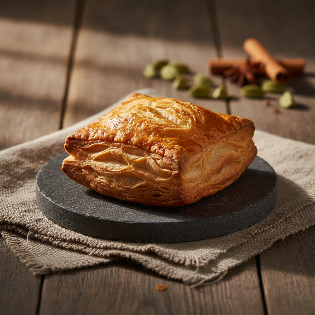 A detailed close-up of a single artisanal Punjabi puff pastry, perfectly baked to a deep golden hue, placed on a small, matte charcoal stone plate. The pastry’s layers are visibly distinct, with crisp, flaky edges and a light sheen of brushed butter catching the light. The plate rests on a textured, earth-toned linen cloth spread over a weathered wooden table. Soft, directional window light from the left creates gentle highlights along the pastry’s ridges and delicate, elongated shadows on the cloth. In the softly blurred background, hints of whole spices—green cardamom pods, cinnamon sticks, and star anise—lie scattered, hinting at flavor. Shot at a low, three-quarter angle with a very shallow depth of field, the image feels intimate, sophisticated, and reverent toward the craft of baking, rendered in clean photographic realism.